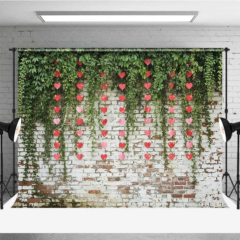 Lofaris Valentine’s Day Hanging Hearts Photography Backdrop Green Leaves White Brick Wall Photo Prop Rustic Love Decor