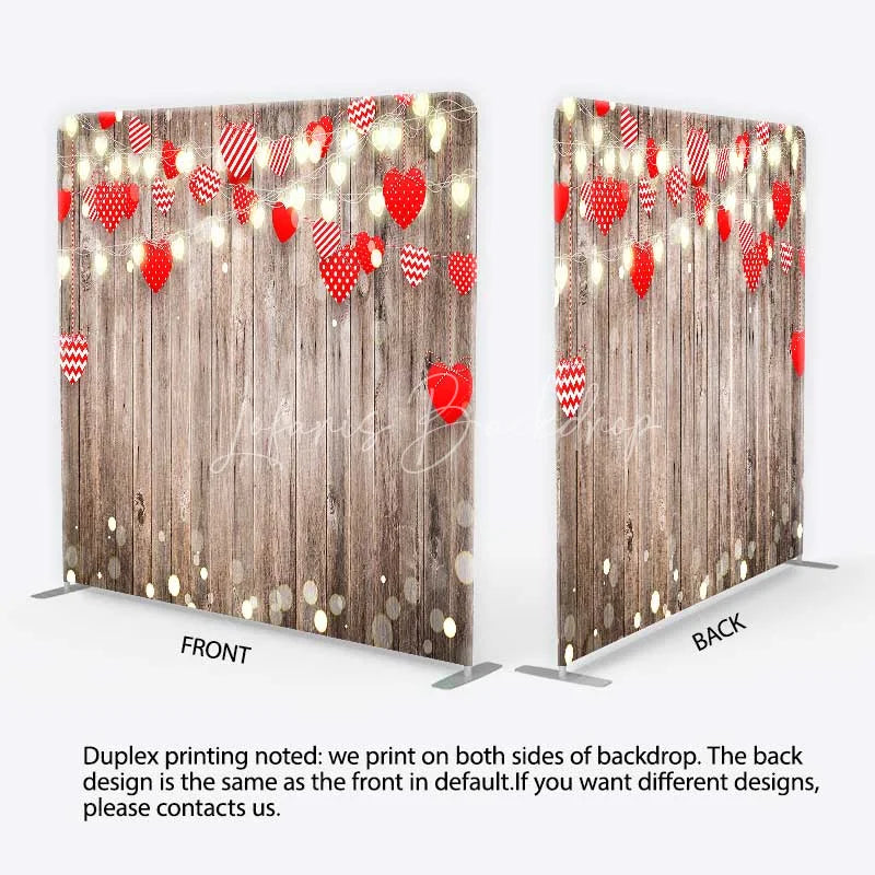 Lofaris Valentines Day Hearts Tension Fabric Backdrop Rustic Wood and Fairy Lights Party Decoration