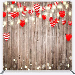 Lofaris Valentines Day Hearts Tension Fabric Backdrop Rustic Wood and Fairy Lights Party Decoration