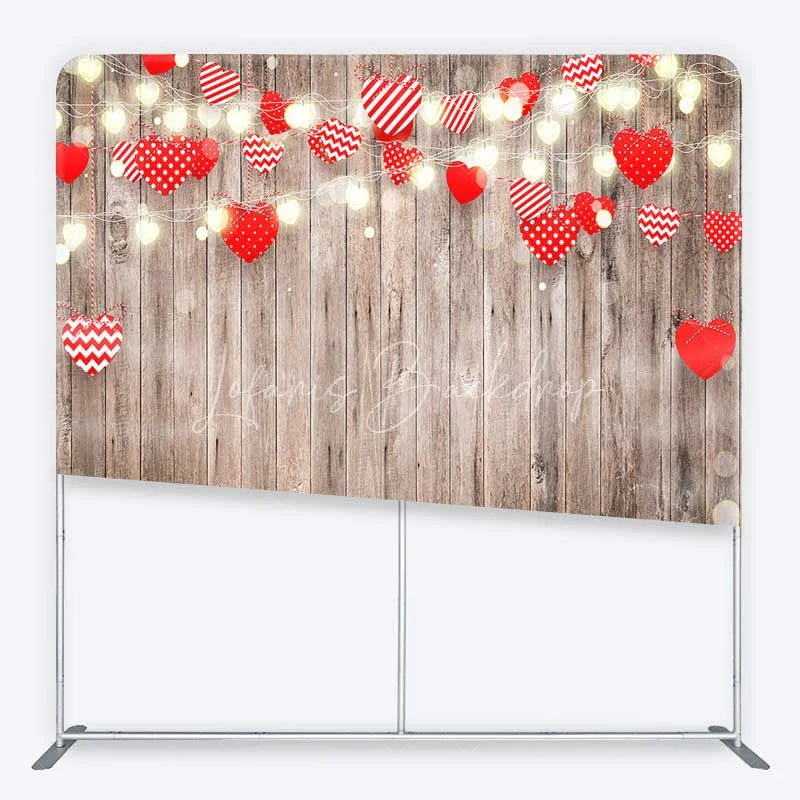 Lofaris Valentines Day Hearts Tension Fabric Backdrop Rustic Wood and Fairy Lights Party Decoration