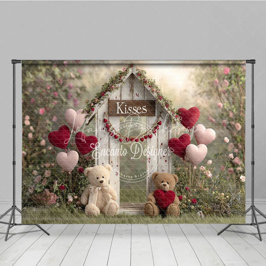 Lofaris Valentines Day Kisses Booth Backdrop Rustic Wood Shed with Teddy Bears and Heart Balloons