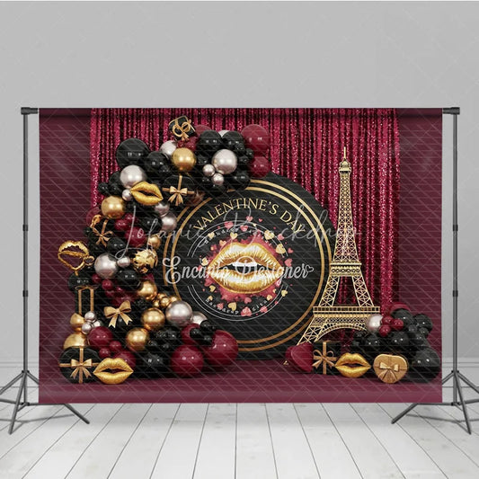 Lofaris Valentine’s Day Photography Backdrop Black Gold Eiffel Tower Lip Background Luxury Romantic Photo Prop