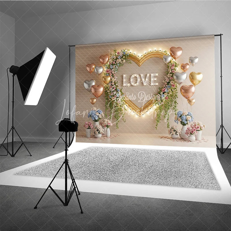 Lofaris Valentine’s Day Photography Backdrop Gold Heart Frame Marquee Light Background Floral Love Photo Prop