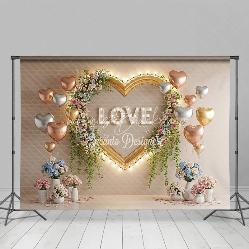 Lofaris Valentine’s Day Photography Backdrop Gold Heart Frame Marquee Light Background Floral Love Photo Prop