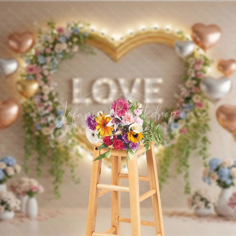 Lofaris Valentine’s Day Photography Backdrop Gold Heart Frame Marquee Light Background Floral Love Photo Prop