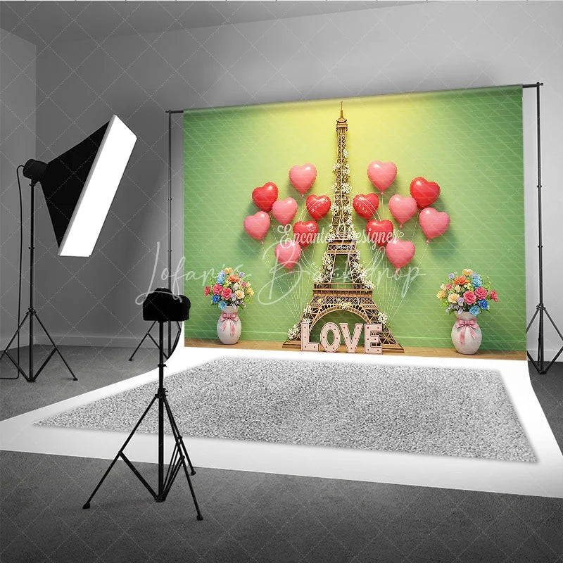 Lofaris Valentine’s Day Photography Backdrop Green Wall Eiffel Tower Heart Background Spring Love Photo Prop