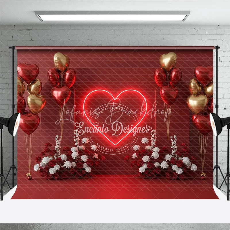 Lofaris Valentine’s Day Photography Backdrop Neon Heart Red Gold Balloon Background Love Date Photo Prop
