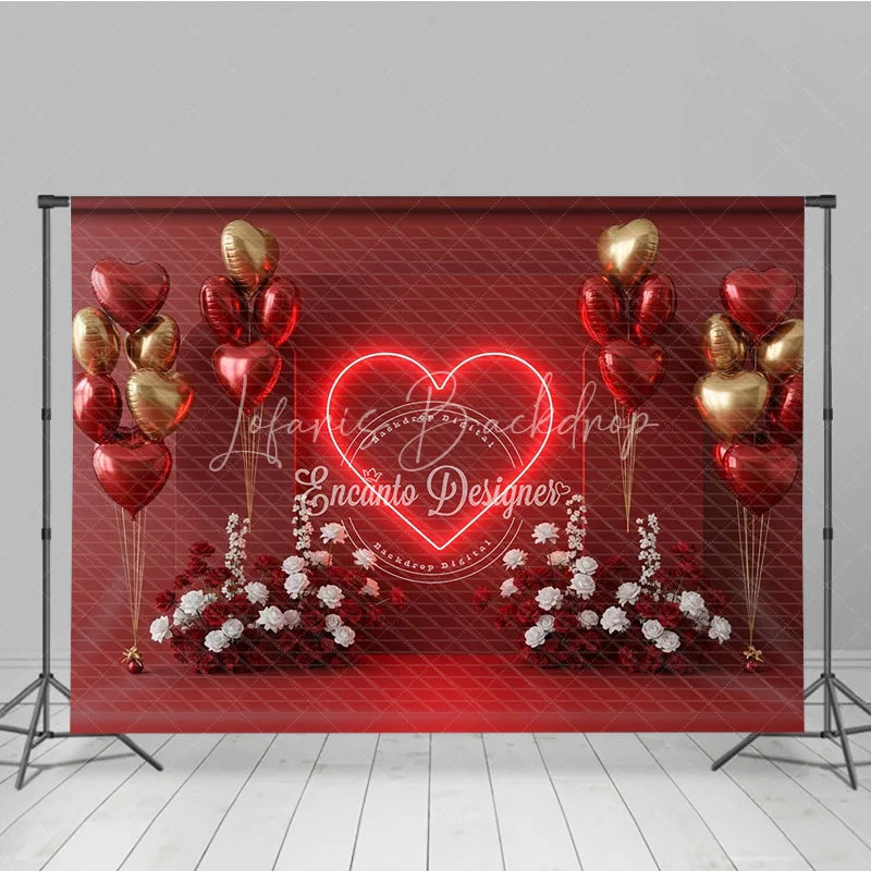 Lofaris Valentine’s Day Photography Backdrop Neon Heart Red Gold Balloon Background Love Date Photo Prop