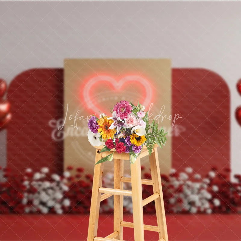 Lofaris Valentine’s Day Photography Backdrop Neon Red Heart Light Background Modern Romantic Photo Prop