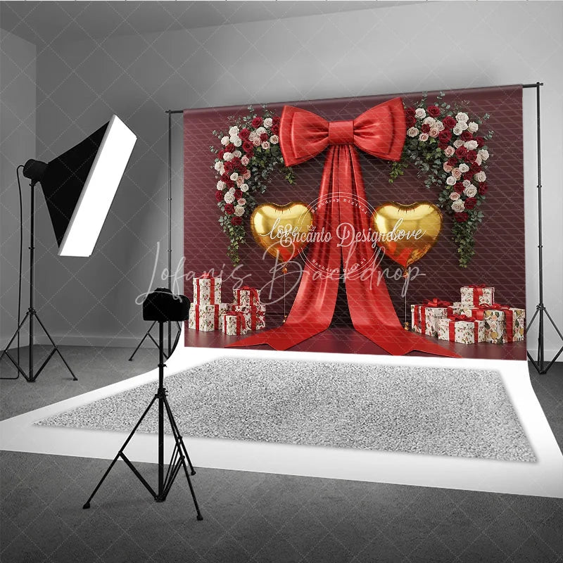 Lofaris Valentine’s Day Photography Backdrop Red Bow Gold Heart Balloon Background Luxury Gift Photo Prop