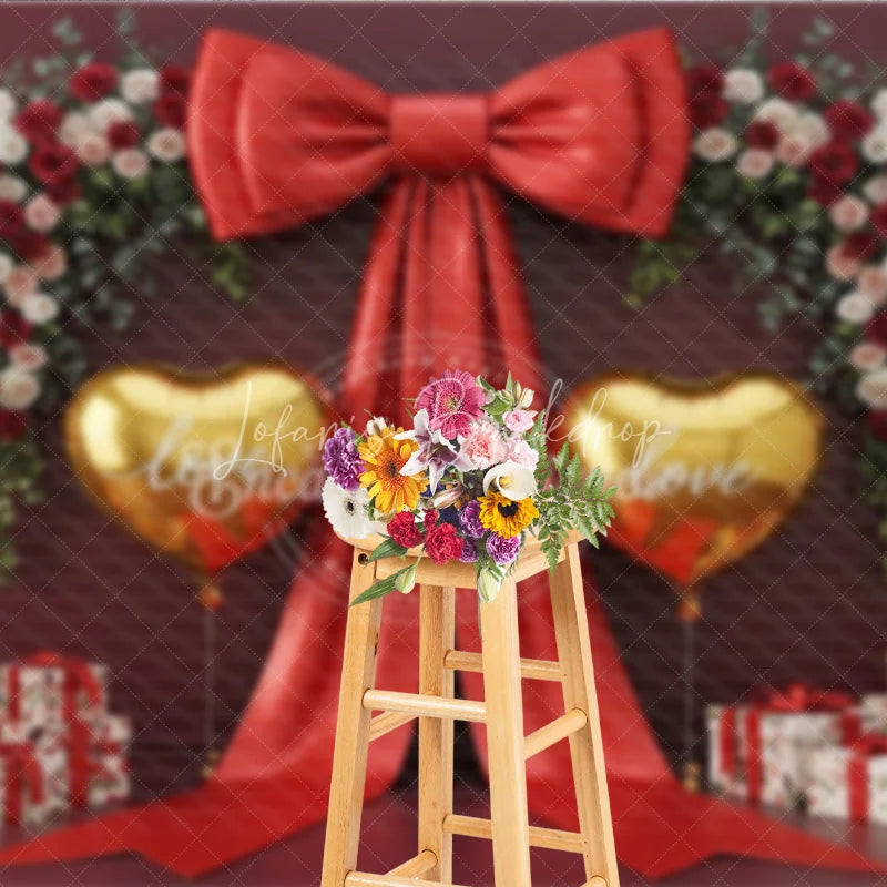 Lofaris Valentine’s Day Photography Backdrop Red Bow Gold Heart Balloon Background Luxury Gift Photo Prop