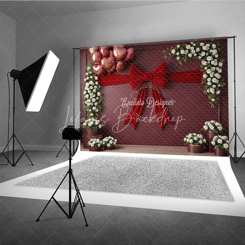 Lofaris Valentine’s Day Photography Backdrop Red Velvet Bow White Rose Background Romantic Floral Photo Prop