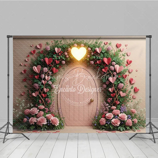 Lofaris Valentine’s Day Photography Backdrop Secret Garden Pink Door Heart Background Floral Vine Photo Prop