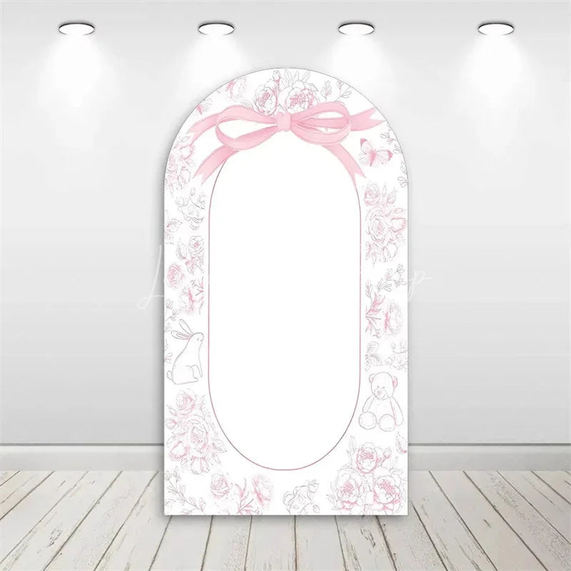 Lofaris Valentine’s Day Pink Bow Arch Backdrop Sweet Dessert Theme with Cake and Champagne Bridal Shower Decor