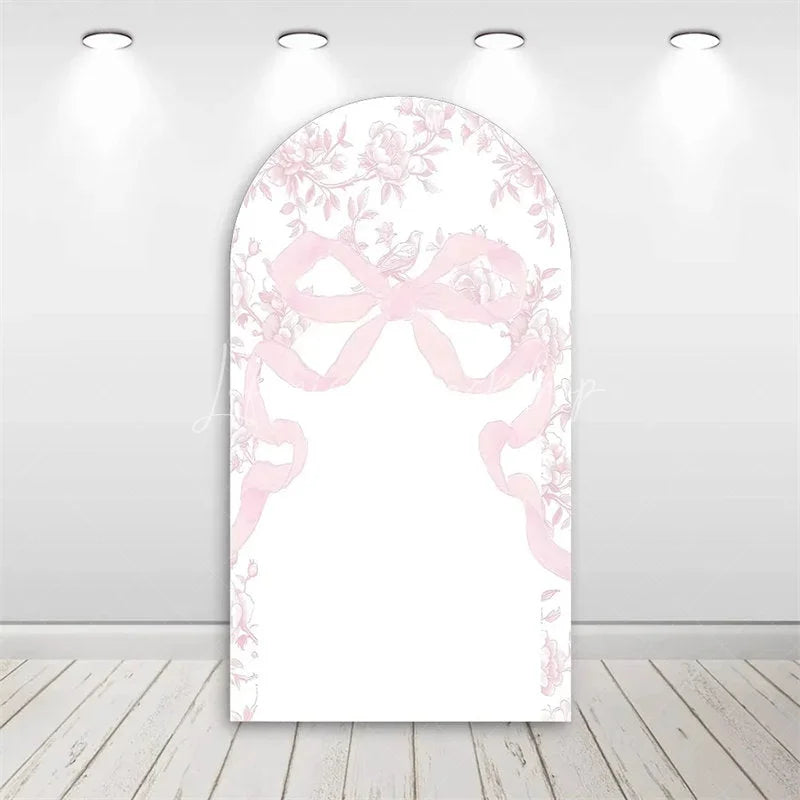 Lofaris Valentine’s Day Pink Bow Arch Backdrop Sweet Dessert Theme with Cake and Champagne Bridal Shower Decor