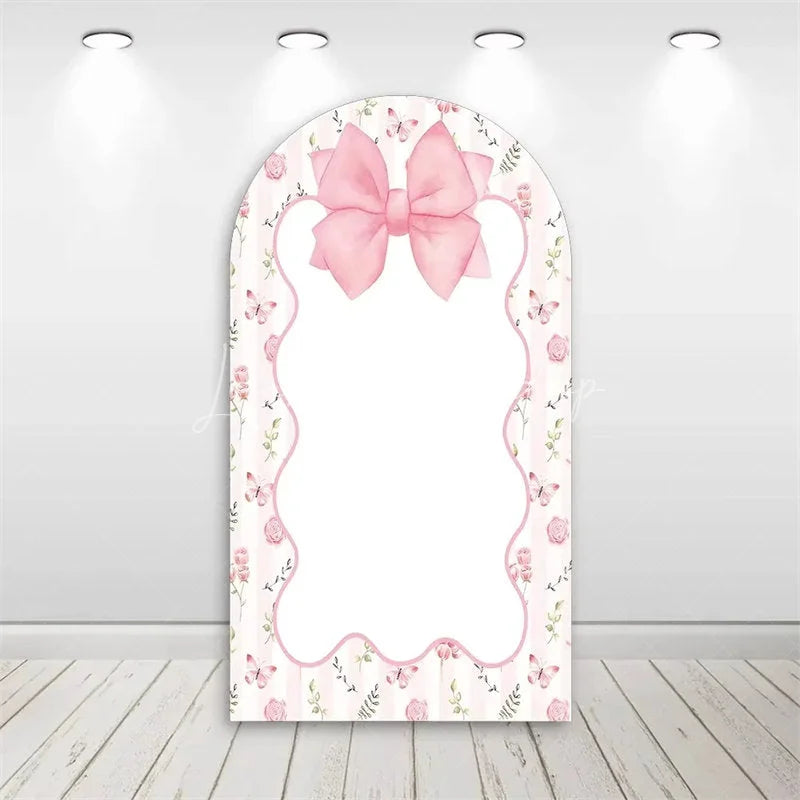 Lofaris Valentine’s Day Pink Bow Arch Backdrop Sweet Dessert Theme with Cake and Champagne Bridal Shower Decor
