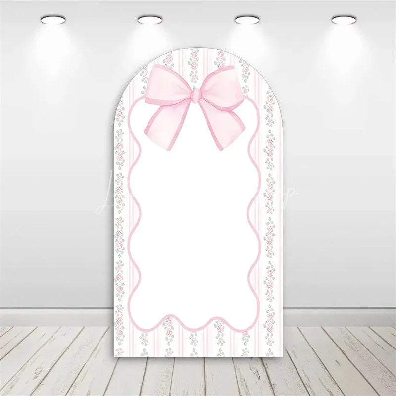 Lofaris Valentine’s Day Pink Bow Arch Backdrop Sweet Dessert Theme with Cake and Champagne Bridal Shower Decor