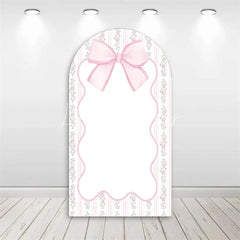 Lofaris Valentine’s Day Pink Bow Arch Backdrop Sweet Dessert Theme with Cake and Champagne Bridal Shower Decor