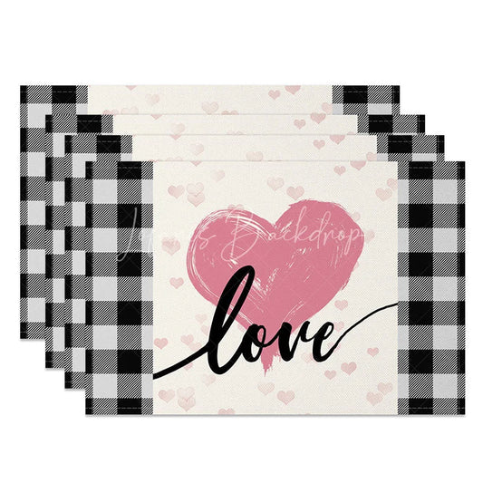 Lofaris Valentine’s Day Pink Heart and Love Set of 4 Placemats Black White Buffalo Plaid Table Decor