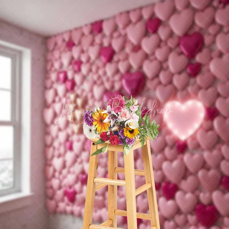 Lofaris Valentine’s Day Pink Hearts Wall Photography Backdrop Neon Light Romantic Love Photo Prop Sweet Room Decor