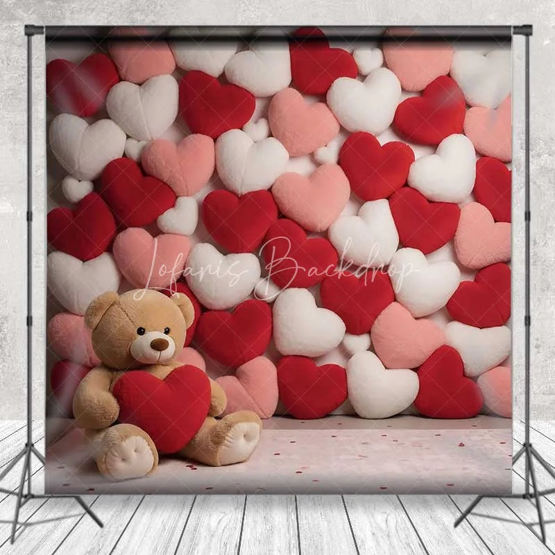 Lofaris Valentine’s Day Plush Hearts Backdrop Cute Teddy Bear Photography Background Red Pink Love Pillow Photo Prop