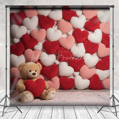 Lofaris Valentine’s Day Plush Hearts Backdrop Cute Teddy Bear Photography Background Red Pink Love Pillow Photo Prop