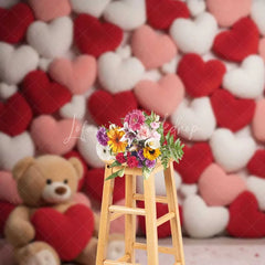 Lofaris Valentine’s Day Plush Hearts Backdrop Cute Teddy Bear Photography Background Red Pink Love Pillow Photo Prop