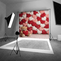 Lofaris Valentine’s Day Plush Hearts Backdrop Cute Teddy Bear Photography Background Red Pink Love Pillow Photo Prop
