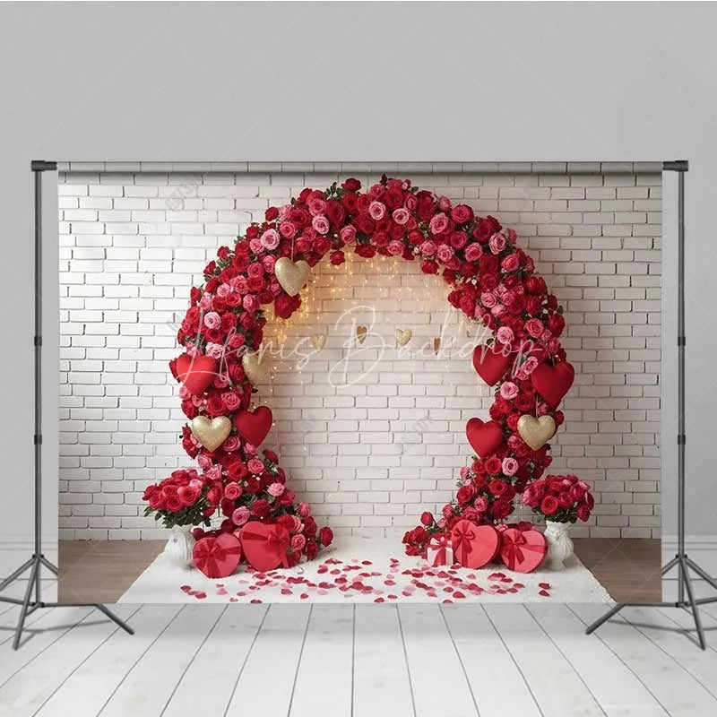 Lofaris Valentine’s Day Red Rose Arch Photography Backdrop White Brick Wall Gold Hearts Photo Background Floral Wedding Prop