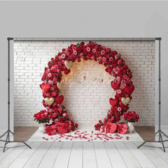 Lofaris Valentine’s Day Red Rose Arch Photography Backdrop White Brick Wall Gold Hearts Photo Background Floral Wedding Prop