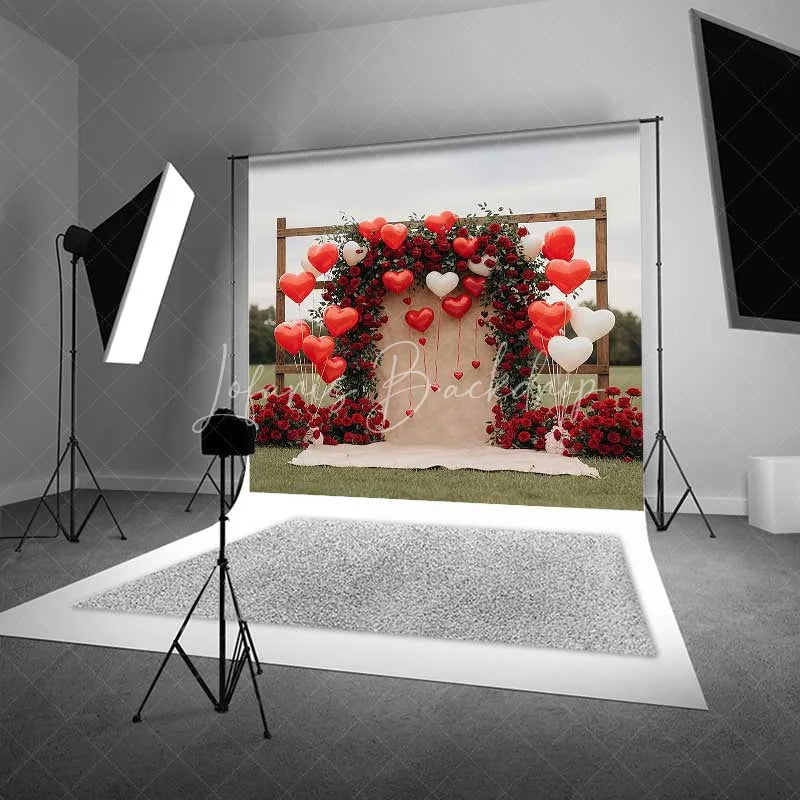 Lofaris Valentine’s Day Red Roses Backdrop Heart Balloons Wooden Arch Photography Background Romantic Love Photo Prop