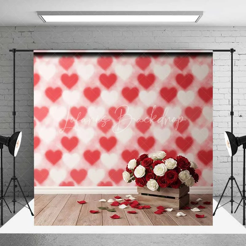 Lofaris Valentine’s Day Red White Roses Photography Backdrop Blurred Heart Pattern Wooden Floor Photo Prop Romantic Floral Decor
