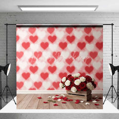 Lofaris Valentine’s Day Red White Roses Photography Backdrop Blurred Heart Pattern Wooden Floor Photo Prop Romantic Floral Decor
