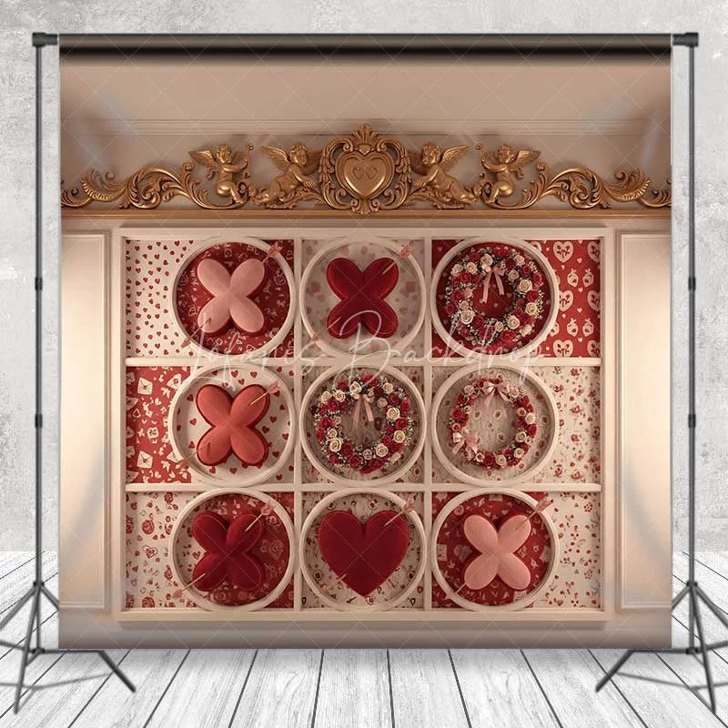 Lofaris Valentine’s Day Tic Tac Toe Photography Backdrop Romantic Love Game Floral Wreath Photo Prop Gold Cherub Decor