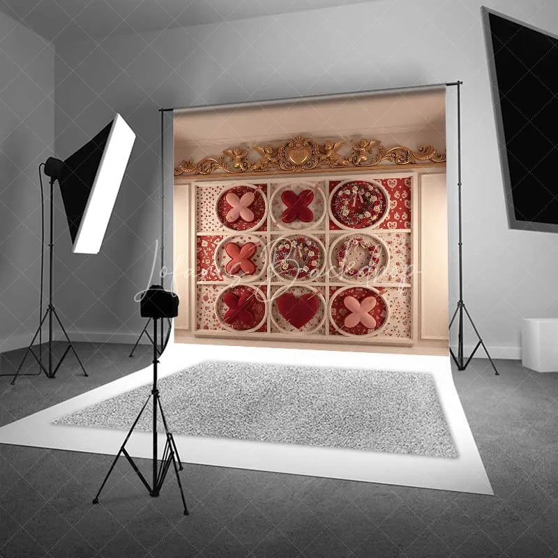 Lofaris Valentine’s Day Tic Tac Toe Photography Backdrop Romantic Love Game Floral Wreath Photo Prop Gold Cherub Decor