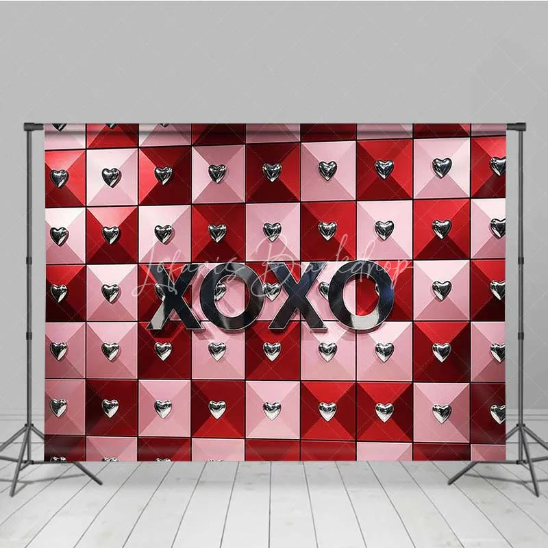 Lofaris Valentine’s Day XOXO Photography Backdrop Red Pink Geometric Tiles Silver Hearts Photo Prop Modern Love Decor
