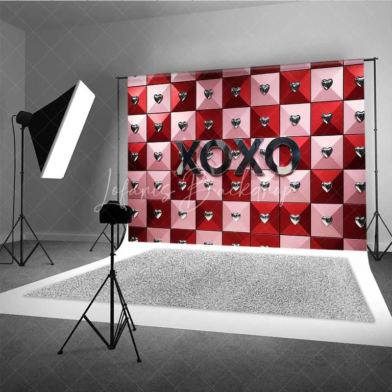 Lofaris Valentine’s Day XOXO Photography Backdrop Red Pink Geometric Tiles Silver Hearts Photo Prop Modern Love Decor