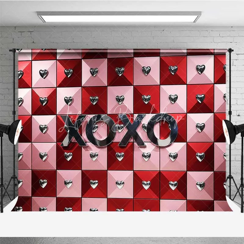 Lofaris Valentine’s Day XOXO Photography Backdrop Red Pink Geometric Tiles Silver Hearts Photo Prop Modern Love Decor