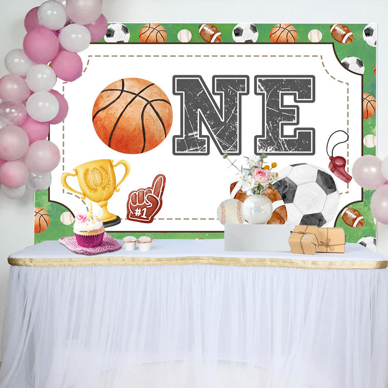 Lofaris Various Balls Sport Basketball One Birthday Backdrop