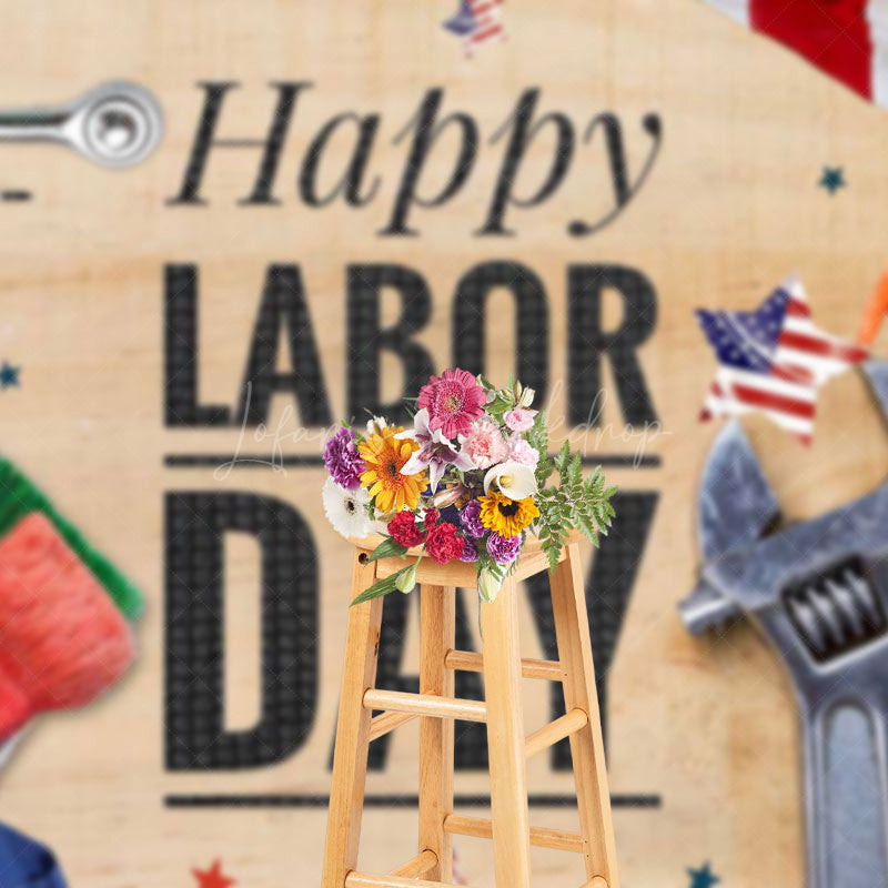 Lofaris Various Tools Wood Grain Happy Labor Day Backdrop