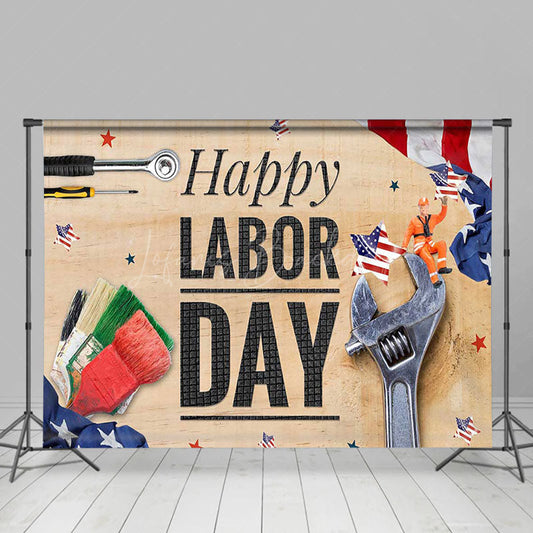 Lofaris Various Tools Wood Grain Happy Labor Day Backdrop