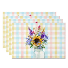 Lofaris Vase Floral Colorful Plaid Dining Set of 4 Placemats