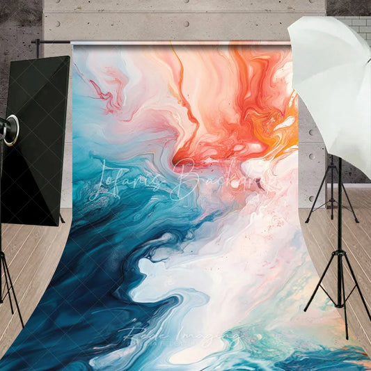 Lofaris Vibrant Abstract Fluid Art Sweep Backdrop with Teal Orange and White Swirls Dynamic Artistic Photography Decor