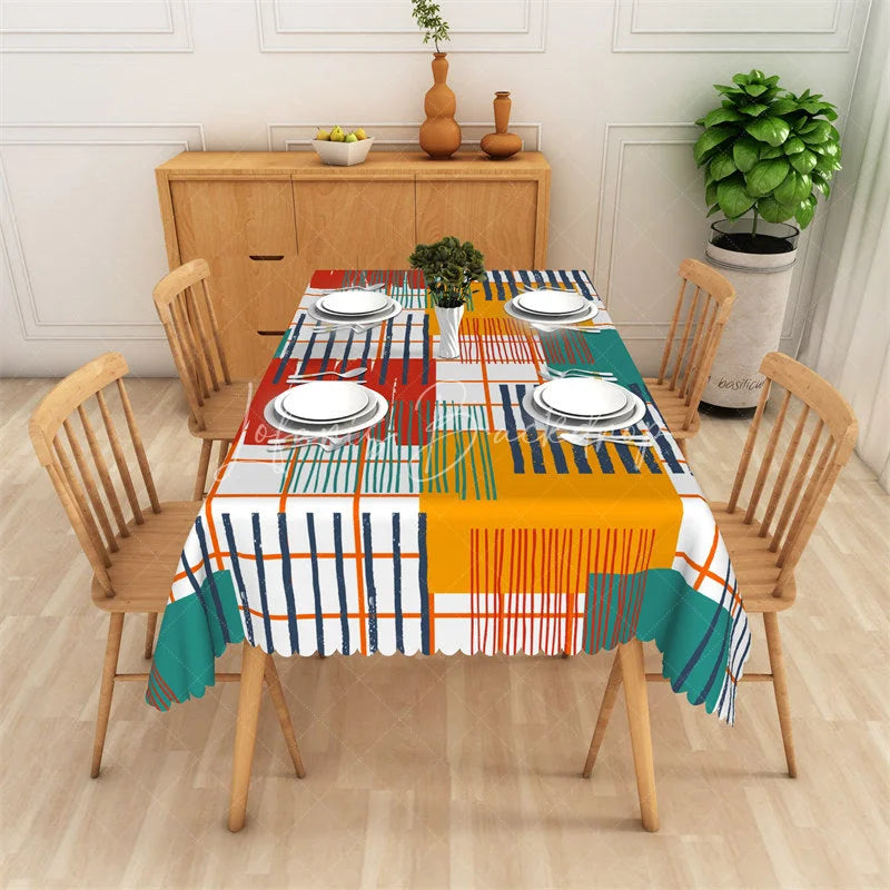 Lofaris Vibrant Abstract Geometric Pattern Rectangle Tablecloth with Grid Lines Modern Artistic Party Decor