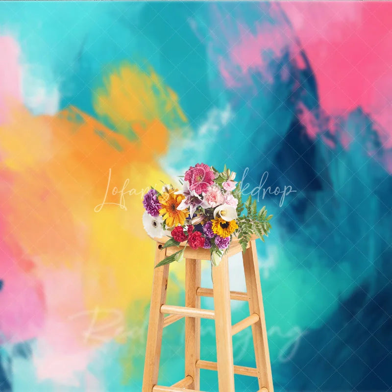 Lofaris Vibrant Abstract Photography Backdrop with Dynamic Teal Pink Yellow and Orange Brushstrokes Artistic Studio Decor