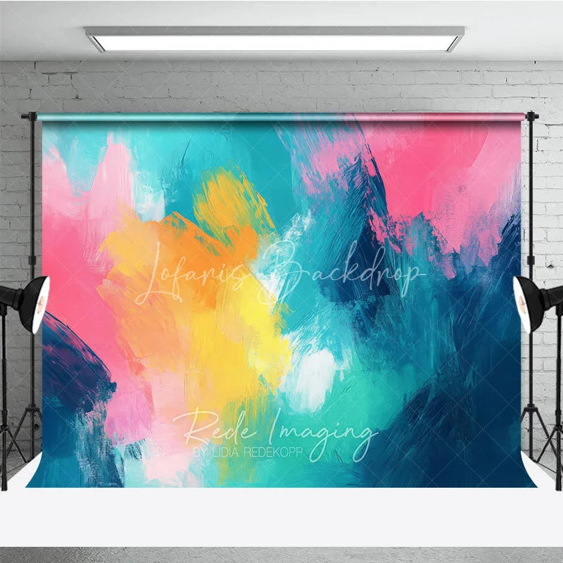 Lofaris Vibrant Abstract Photography Backdrop with Dynamic Teal Pink Yellow and Orange Brushstrokes Artistic Studio Decor