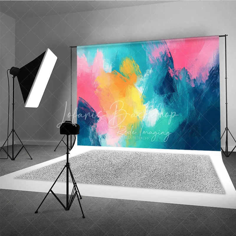 Lofaris Vibrant Abstract Photography Backdrop with Dynamic Teal Pink Yellow and Orange Brushstrokes Artistic Studio Decor