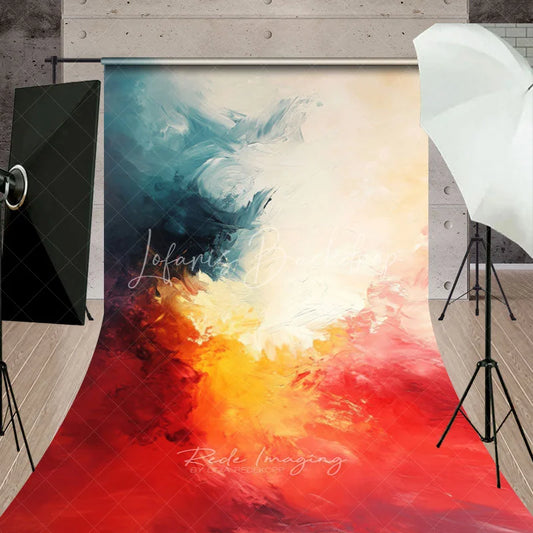 Lofaris Vibrant Abstract Textured Sweep Backdrop with Teal Yellow Orange and Red Painterly Strokes Modern Artistic Design