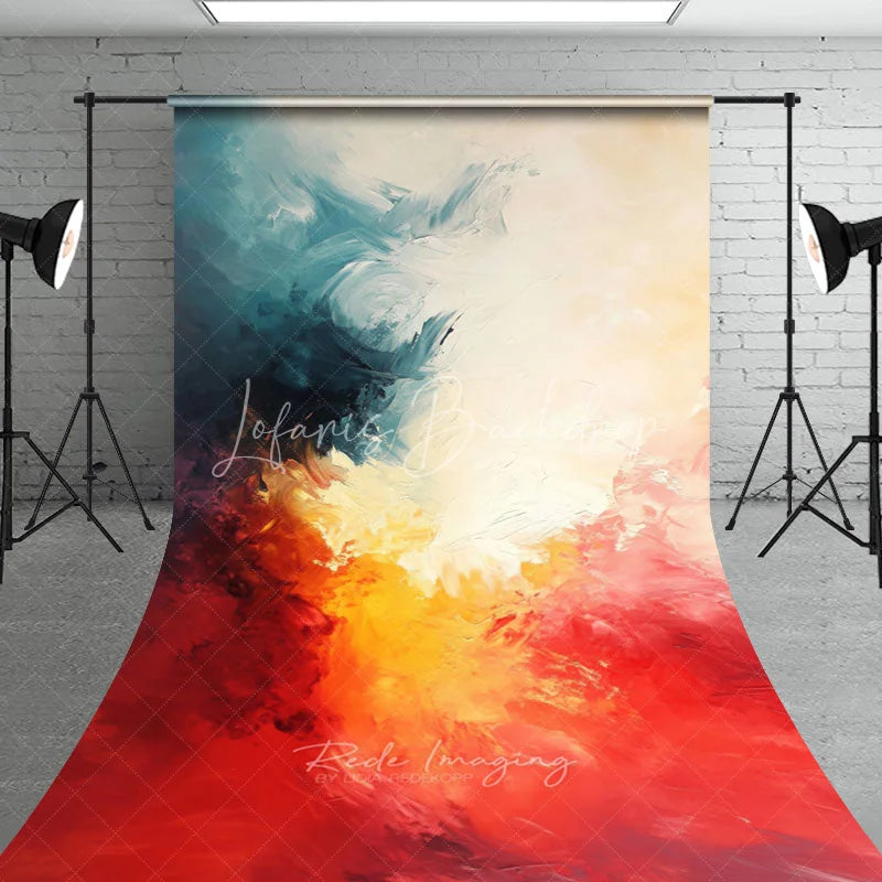 Lofaris Vibrant Abstract Textured Sweep Backdrop with Teal Yellow Orange and Red Painterly Strokes Modern Artistic Design