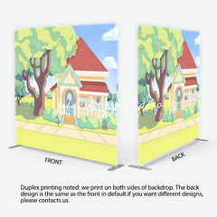 Lofaris Vibrant Animated Cartoon House and Green Front Yard Square Double-Sided Backdrop Kids Birthday Party Decor